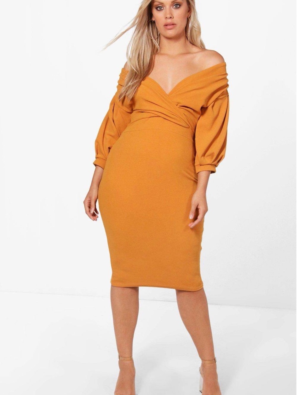 Boohoo Plus Mustard Off-Shoulder Midi Dress